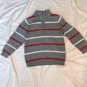 Boys Size 6 Quarter Zip Stripped Sweater 100% Cotton Grey, Red, White Pullover